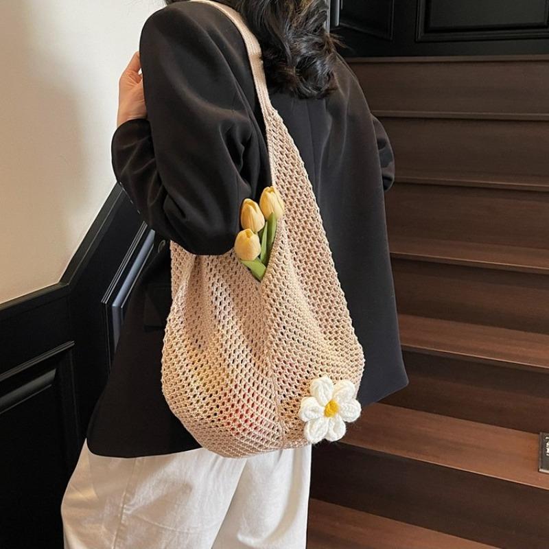 Large capacity flower cotton thread hollow tote bag women's new seaside vacation beach woven shoulder bag
