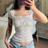 Women's Patchwork Lace Pullover Short Top with Square Neck Fashion Trend