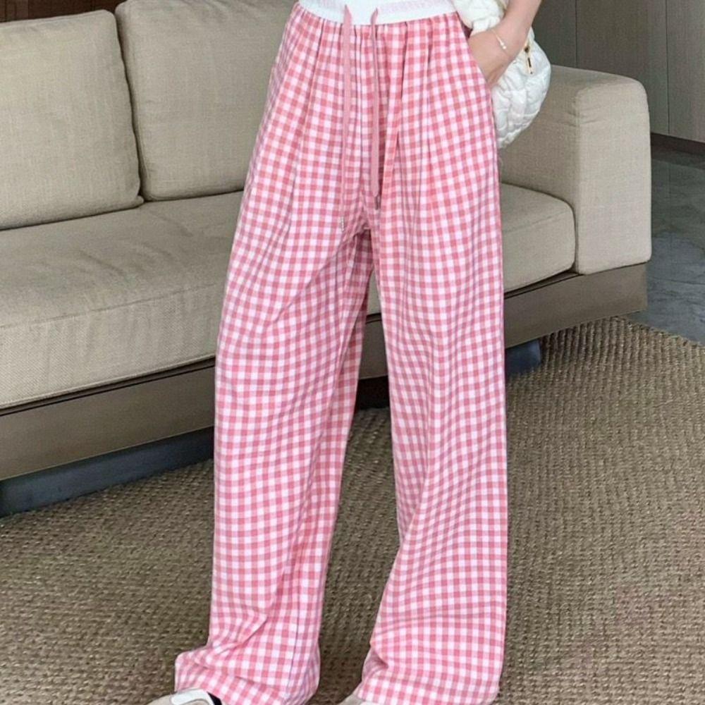 High Waist Plaid Pants Women Thin Y2K Drawstring Pants Comfort Straight Leg Pants  Summer