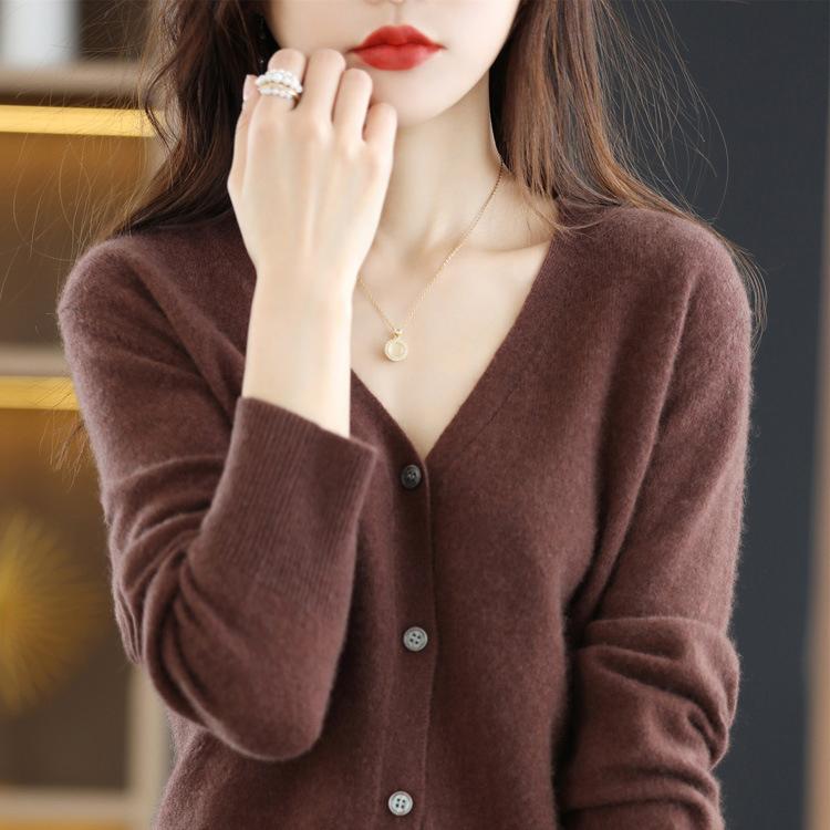 Palton cardigan tricotat din lână, cu decolteu în V, de toamnă și iarnă, de culoare solidă