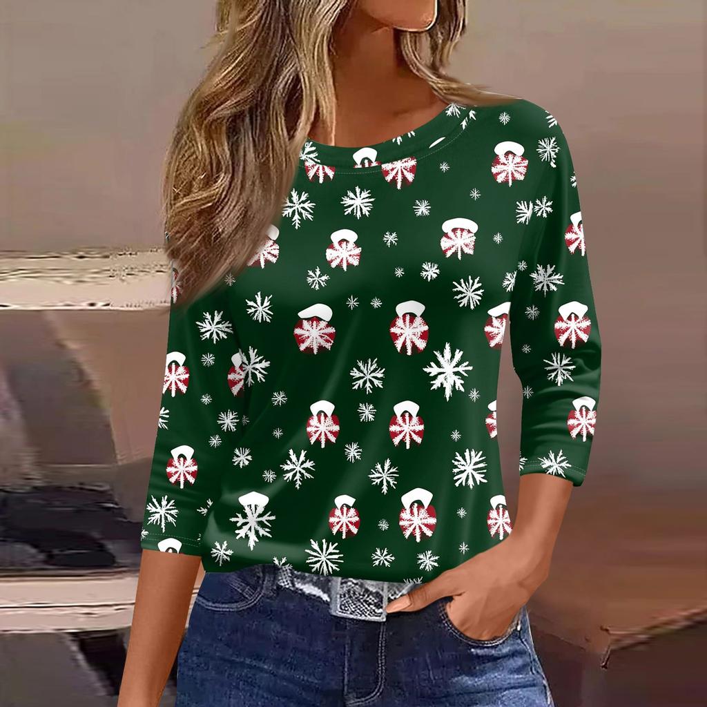 Women's Tops Seven Sleeve Shirt Round Neck Loose Christmas Snowman Christmas Tree Printed T-Shirt