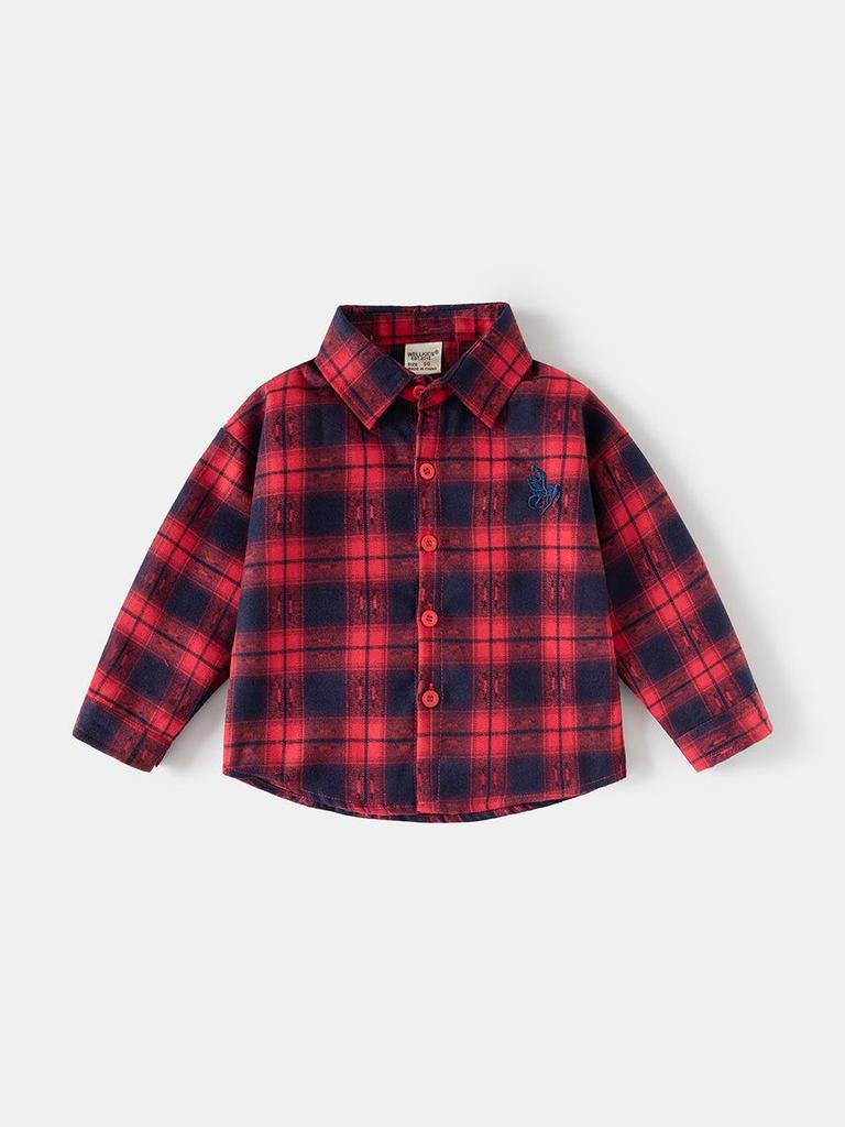 2026 Spring Kids' Blue Plaid Embroidered Long Sleeve Shirt for Boys