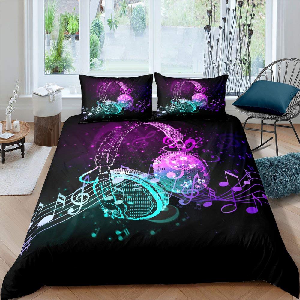 Music Soft Duvet Cover Set Quen Sized Dimensions,White Musical Note Beding Set 3pcs for Kid Bedrom Decor,Black White Piano Key Warm Comforter Cover