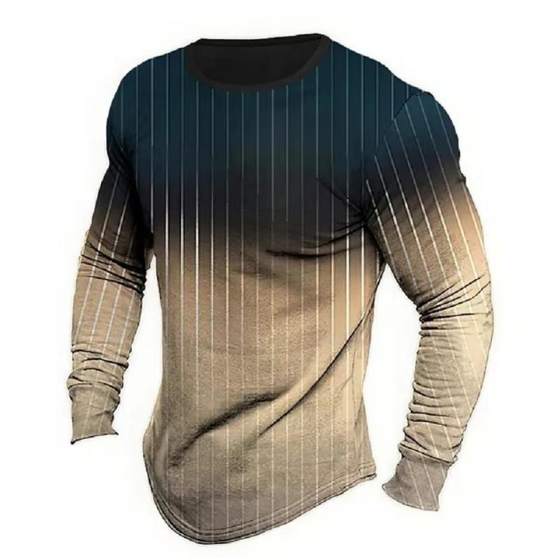 T-shirt da uomo a maniche lunghe con scollo rotondo, a righe, stampate digitalmente, alla moda, stile di strada