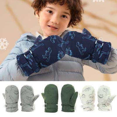 1 Pair Children Winter Mittens Thick Plush-lined Windproof Cartoon Dinosaur Cold Weather