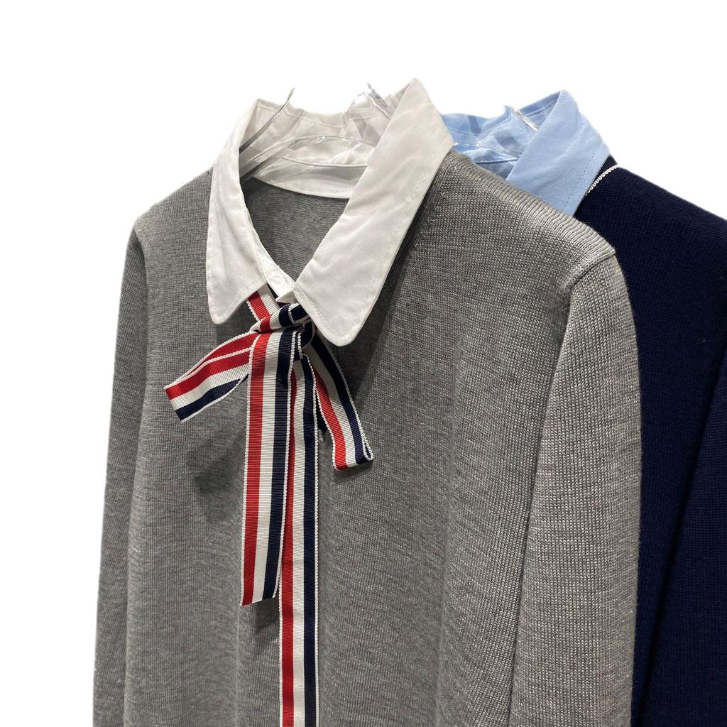 Preppy Two-Piece Bow Knit Sweater with Shirt Collar for Women