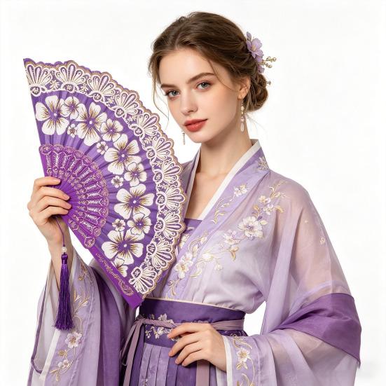 Chinese Style Flower Folding Fan with Faux Pearl Tassel Portable Plastic Ribs Hand Fan Women Dance Performance Props Party Favors