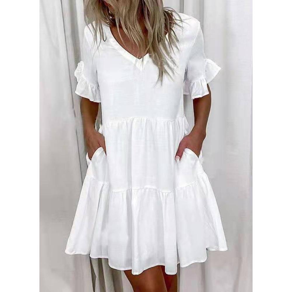 Women s V Neck Short Sleeve Printed Casual Loose Fit Summer A Line Mini Dress With Ruffle Hem S белый