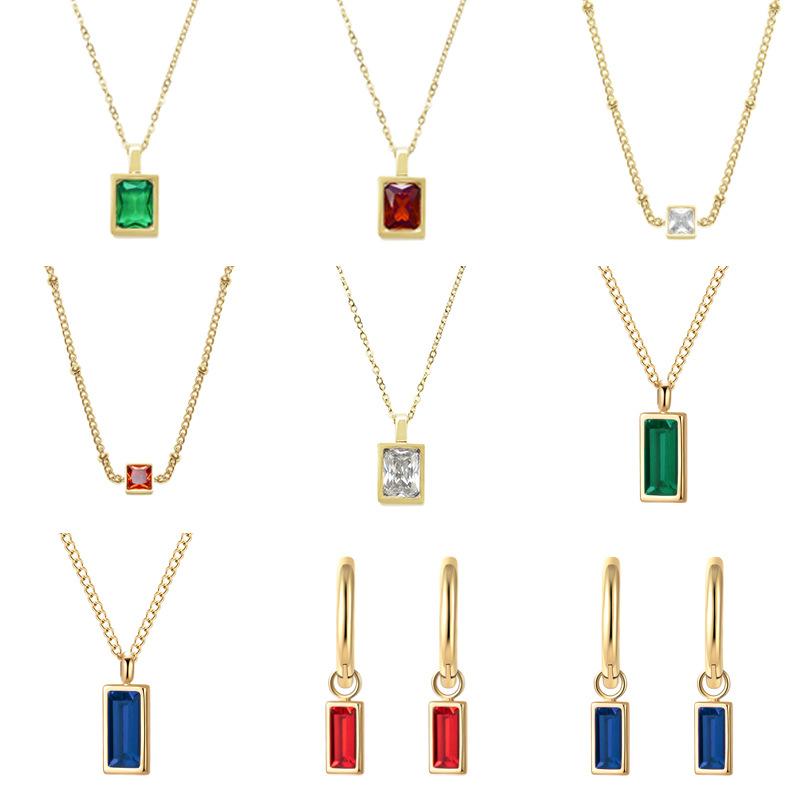Emerald Cube Zircon Necklace Earrings Titanium Steel Multi-14K Gold Color Lasting