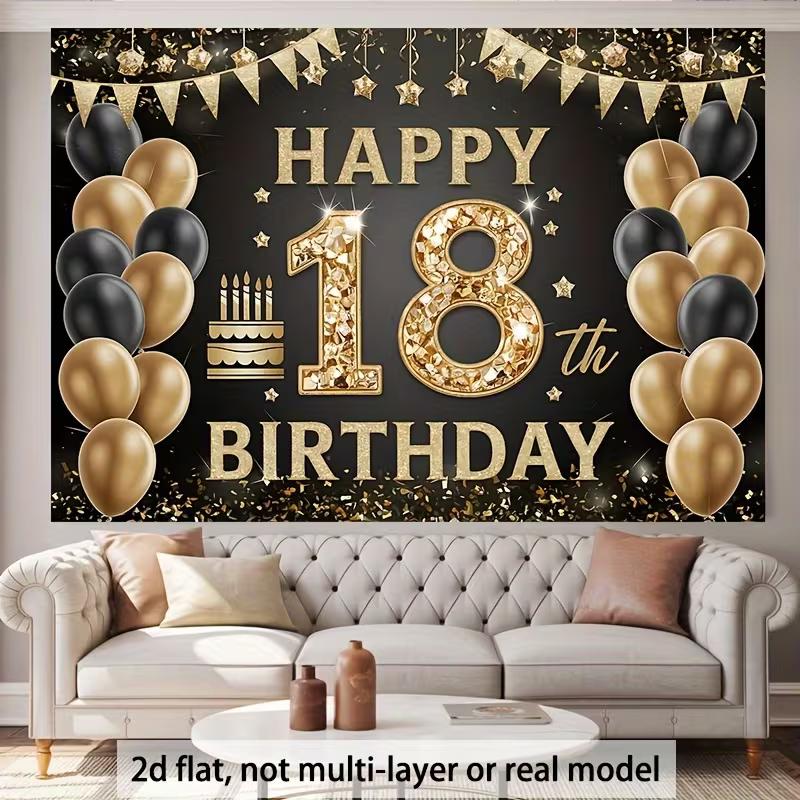 2D Classic 18th Birthday Backdrop, Black Gold Balloon & Star Decor Banner