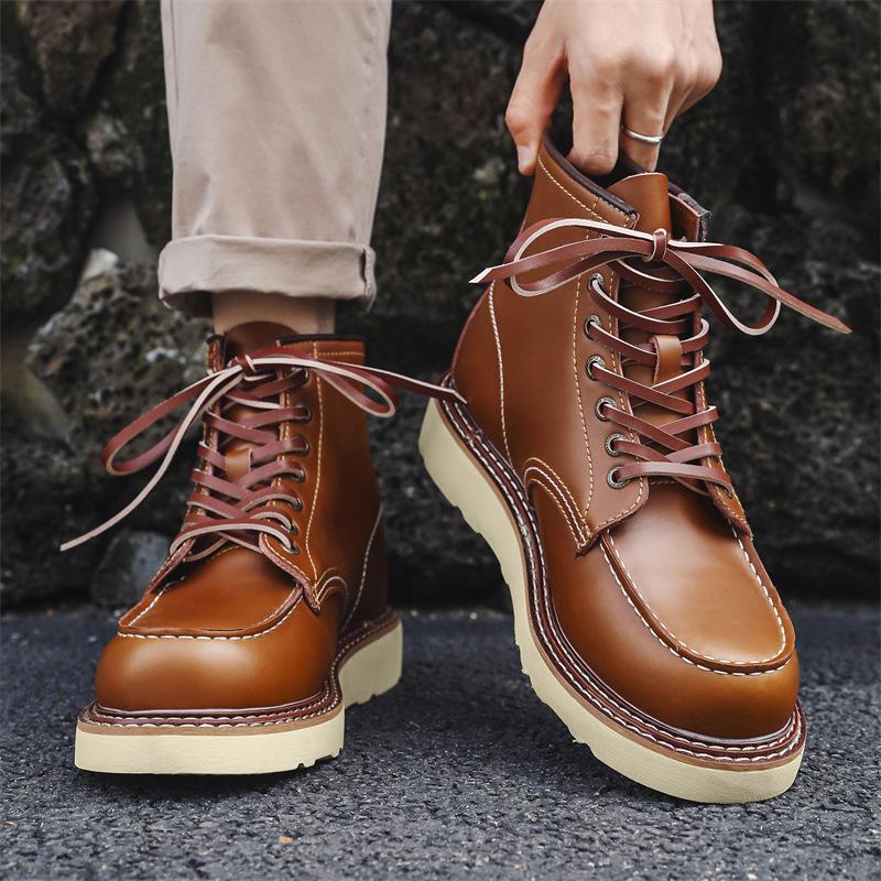 מגפי עור אמיתי לגברים אופנת יוקרה חומים נעלי פלטפורמה לחוץ כלים עבודה מגף בוקרים אביב סתיו קרסול בוטס גברי