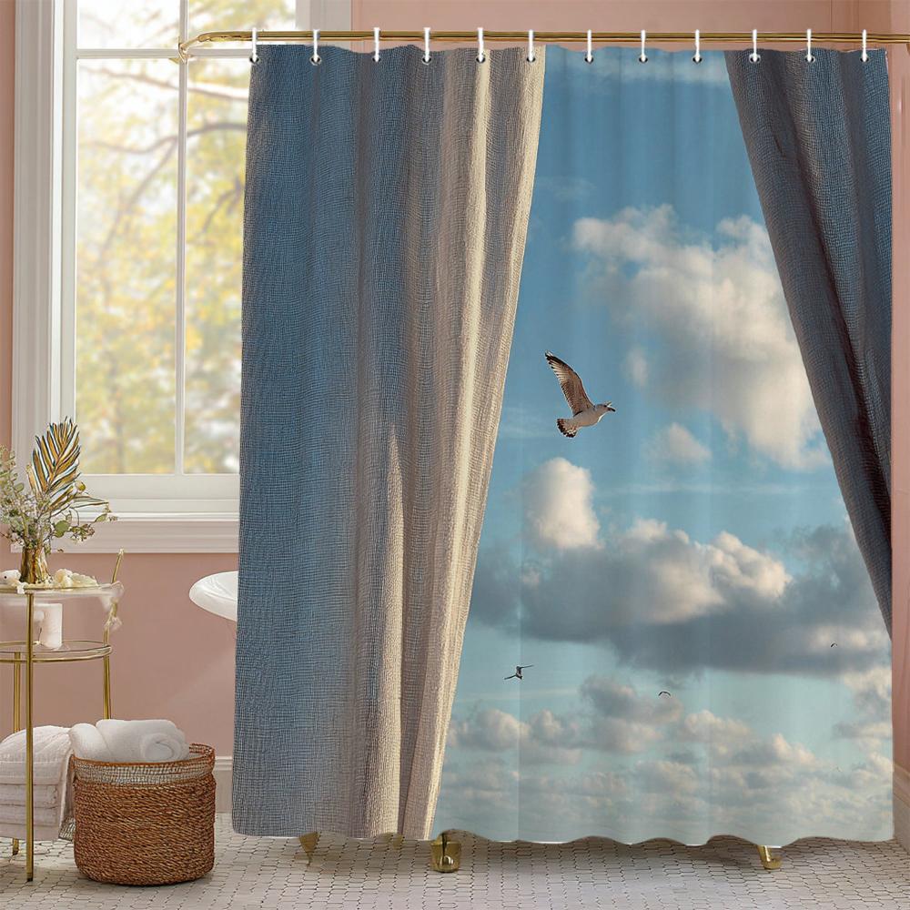 Sunny Blue Sky Scenery Shower Curtain, Bathroom Decorative Shower Curtain, Waterproof Shower Curtain With Hooks
