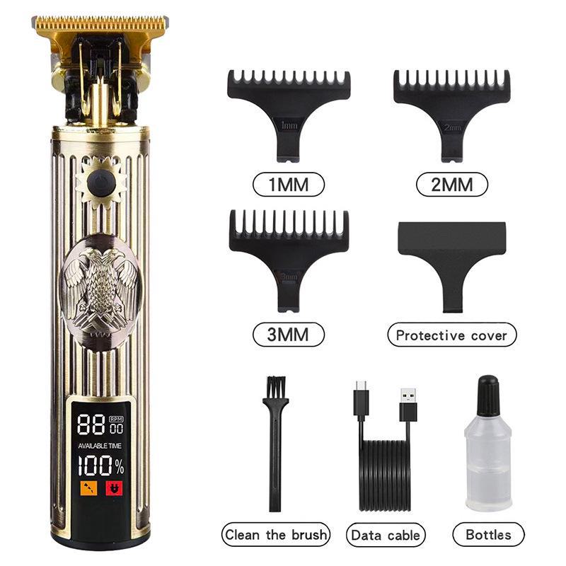 Retro T9 Electric Hair Clipper with LCD Display, USB Charging, Buddha Head Design, Oil Head Styling, and Power Push Technology.