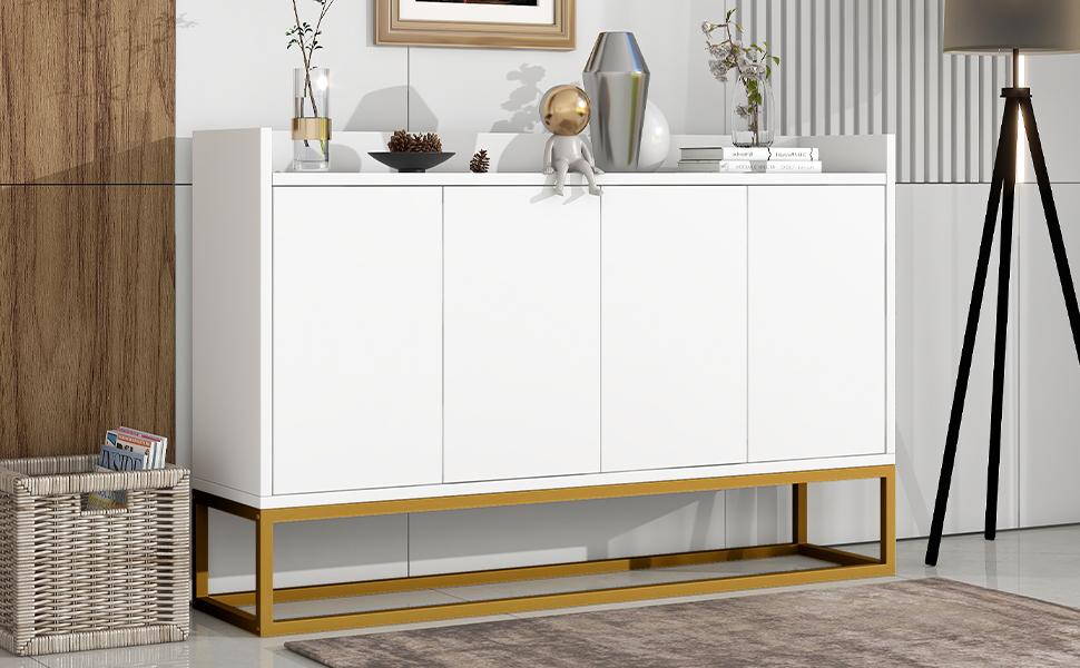 Modern Sideboard In Minimalist Style 4-Door Handleless Buffet Cabinet for Dining Room, Living Room, Kitchen (White)