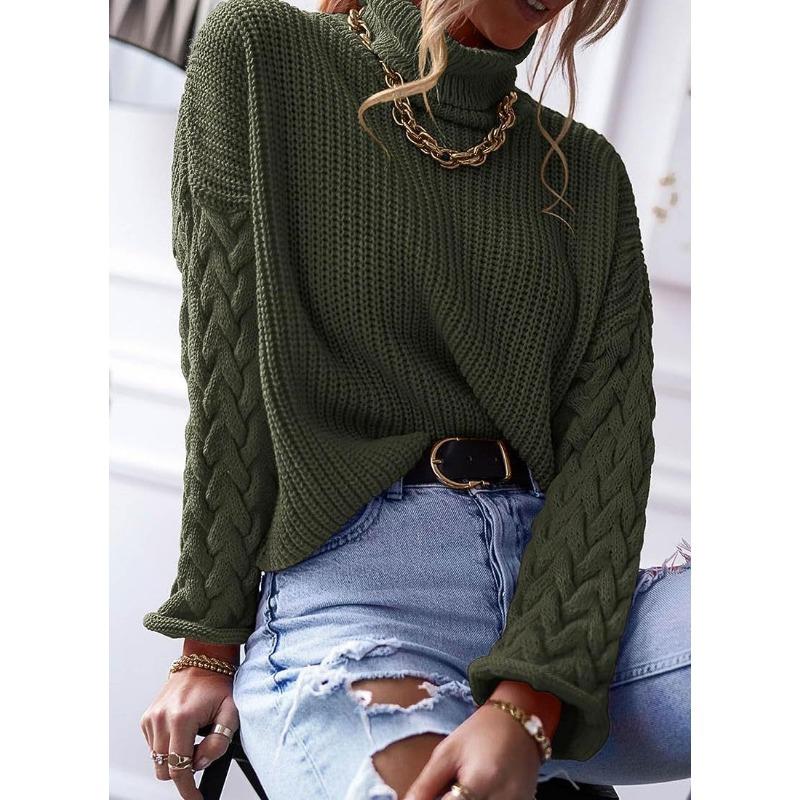 Übergröße Pullover Mode Hoher Kragen Locker Zopf Langarm Damen Strickware