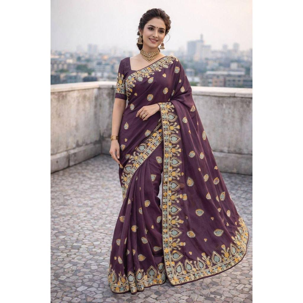 Pure  soft star Georgette silk fabric with thread work embroidered with piping border