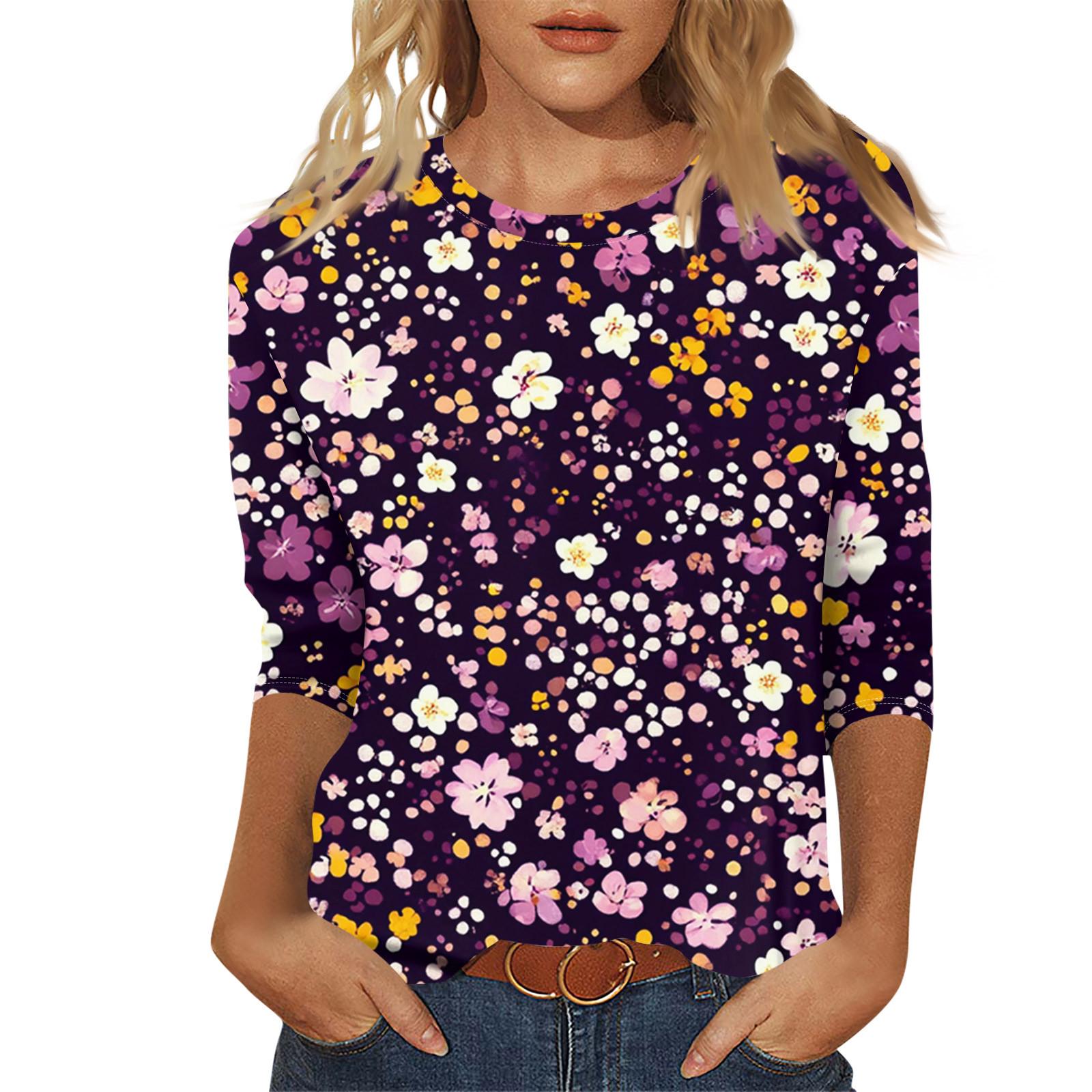 

Женский модный и повседневный пуловер с рукавом семь четвертей и цветочным принтом XL фиолетовый