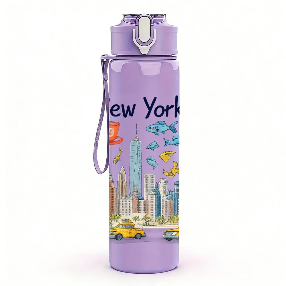1PC New York Sun Cityscape Art 750ml Color Plastic Sports Water Bottle Leakproof Flip Straw Lid Suitable for Sports Office Home Use