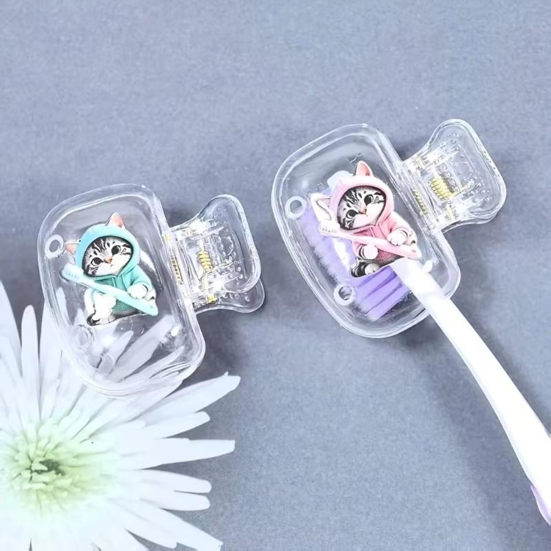 2Pcs Dust-Proof Waterproof Cat Toothbrush Cover Kitten Dog Printed Transparent Toothbrush Holder Portable Toothbrush Head Cover