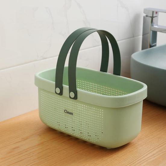 Bath Storage Basket with Handle Load Bearing Ventilation Holes Stable Bottom Easy Access Hollow Out Shampoo Toiletry Bath Basket Home Supply