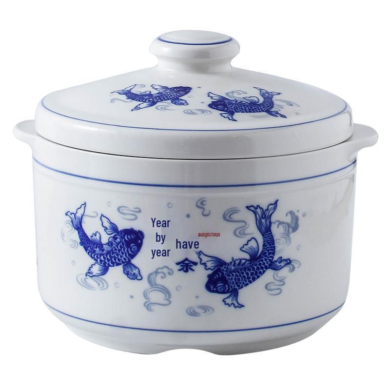 Blue & White Ceramic Double-Boiler Stew Pot with Lid, High Temperature Resistant, Ideal for Bird's Nest Soup and Stews.