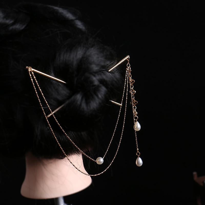 Doppelketten-Haargabel Perlenquaste Haarstab Nunchaku Haarnadel Chinesischer Stil Retro Haaraccessoires für Hanfu Tiaras Ornamente