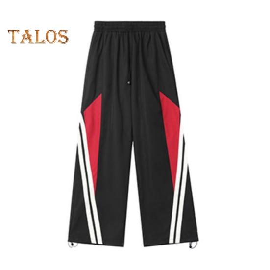 Women Pants Elastic High Waist Adjustable Drawstring Wide-Leg Vertical Stripe Stitching Pants Retro Street Style Sport Trousers