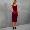 Women's 2024 Velvet Red Slit Bodycon Dress with Square Neck and Spaghetti Straps for Parties and Festivals