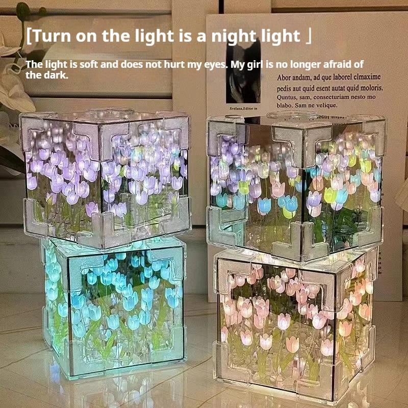 Handmade DIY Tulip Flower Cube Night Light Tulip Mirror Bedroom Decor Atmosphere Lamp Sleeping Table Lamp Couple Birthday Gift