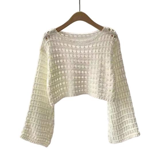

Sun Protection Cover-up Round Neck Extra Long Sleeves Soft Stretchy Sunscreen Pullover Tops Pure Color Hollow Design Short Knitting Tops белый