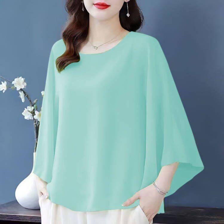 4XL Fledermaus-Shirt Sommer Damen Locker T-Shirt Kleines Shirt Frühling/Sommer Groß Knitterarm und Elegant Chiffon-Oberteil Grün