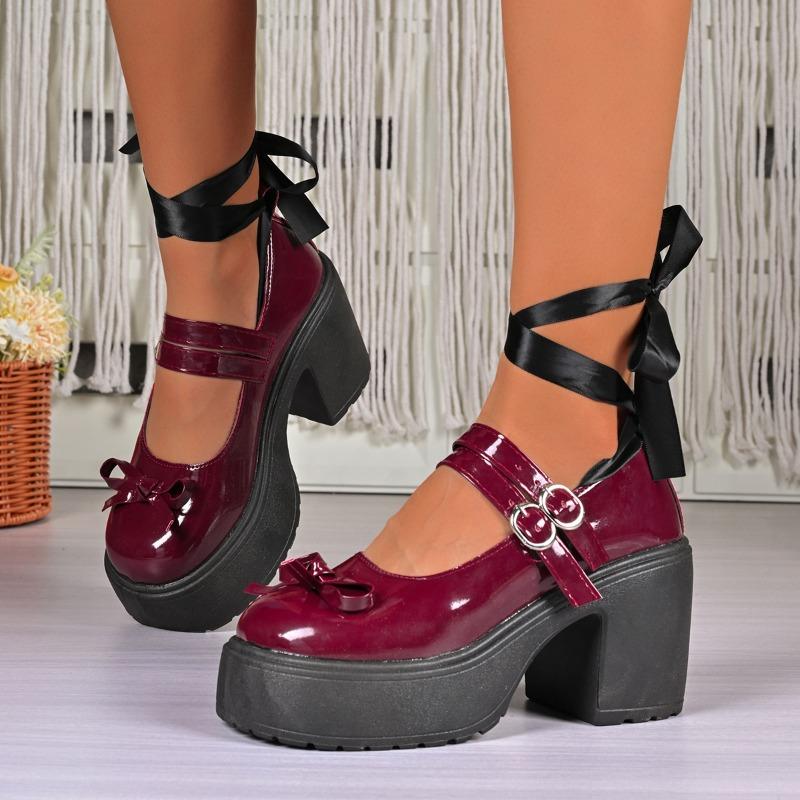 Fashion One-button Block Heel Single Shoes Autumn New Round Bow Platform Non-slip High Heels