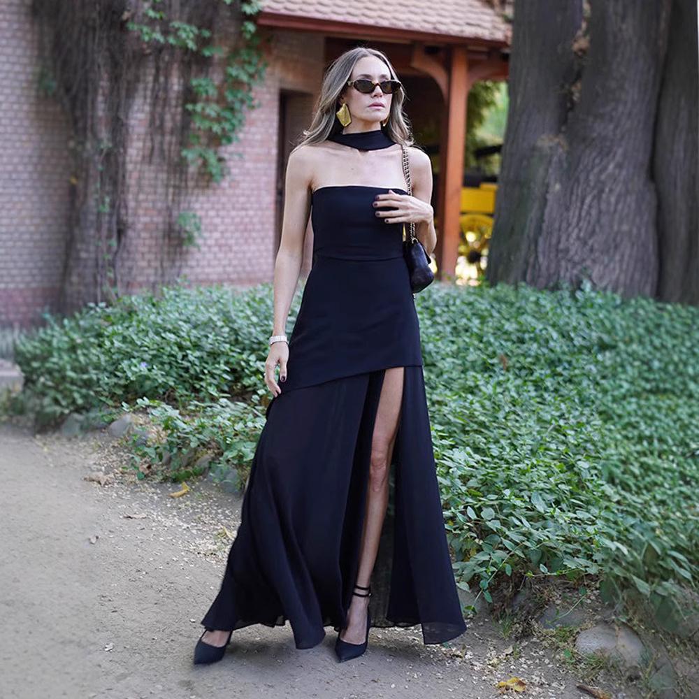 Jetzt verfügbar: 2025 Trägerloses Unregelmäßiges Mesh-Patchwork Schlitz Langes Kleid mit Schal