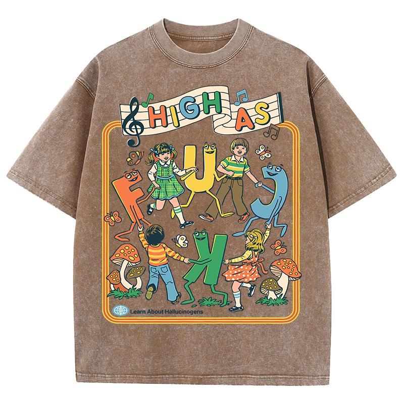 Happy Playing Children Pattern Retro T-Shirt Men Summer Soft Clothing Trendy Crewneck Washed Tops Oversize Cotton Streetwear