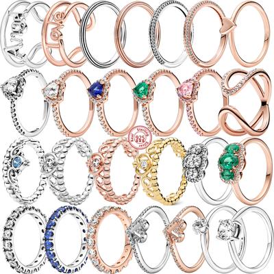 Varm Mote Ekte S925 Sterling Sølv Krone Frihånds Hjerte Kjærlighet Engel Åpne Ringer Passer Originalt Merke DIY Sjarm Europa Smykker