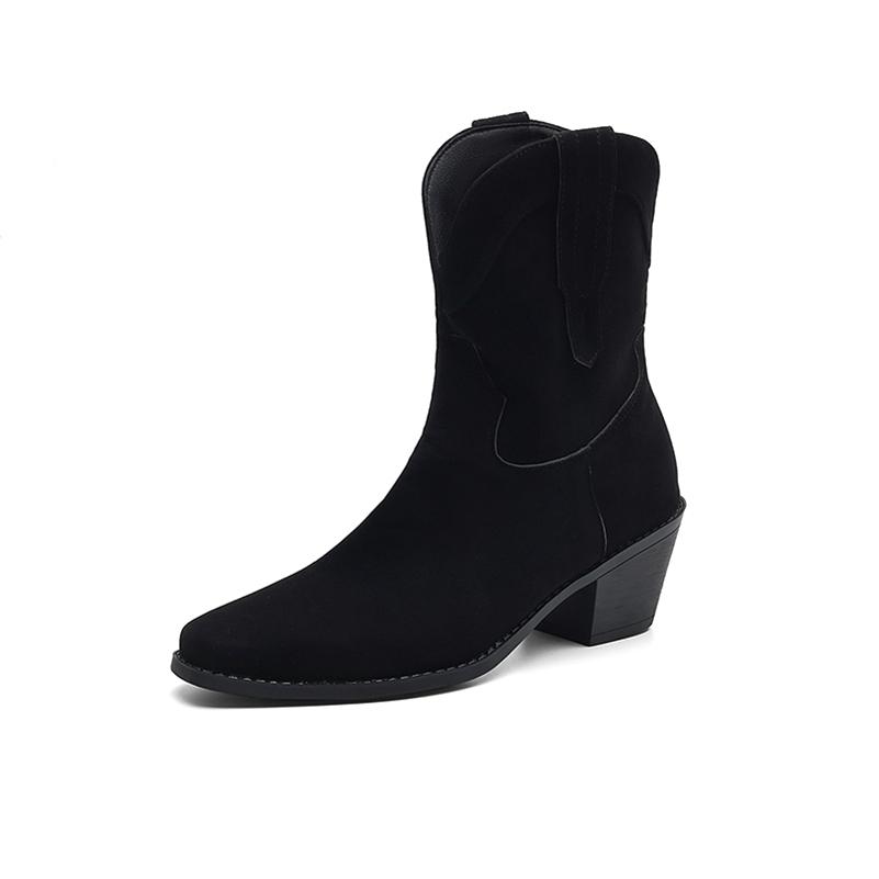 FOREADA Women Ankle Cowgirl Boots Square Toe Thick High Heels Western Boots Concise Cowboy Short Boots Ladies Fashion Shoes Autumn Winter