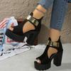 Plus Size Women'S Fashion Platform High Heel Sandals - Elegant Black Thick Sole Slip-On Dress Shoes with Golden Buckle Straps, Comfortable