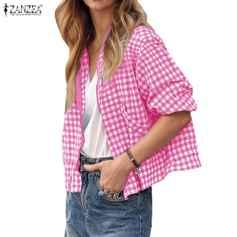 ZANZEA Women Casual Round Neck Long Sleeve Plaid Print Zipper Blouse