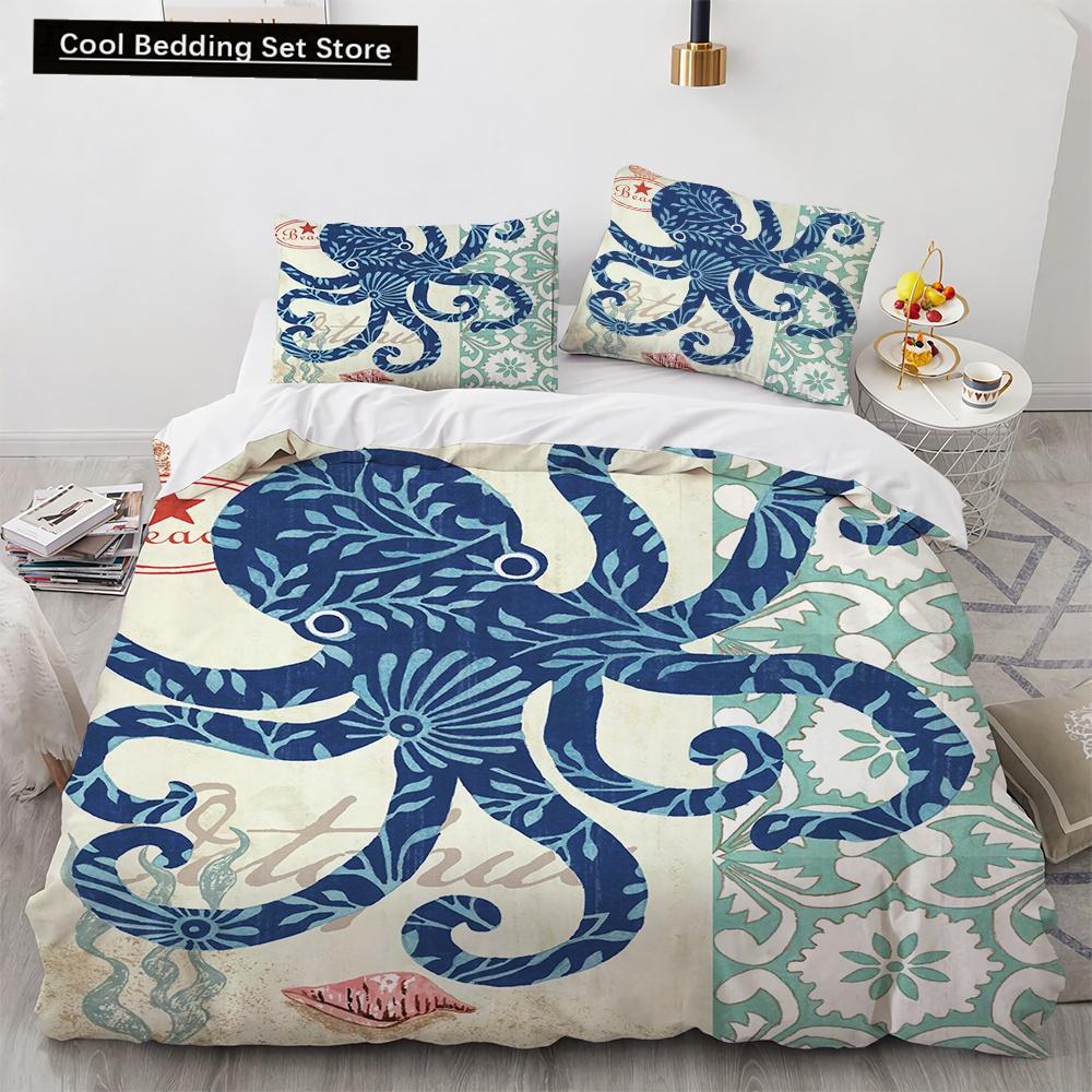 3D Octopus Duvet Cover King Queen Size Cute Cartoon Ocean Animal Bedding Set for Kids Teens Sealife 2/3pcs Polyester Quilt Cover