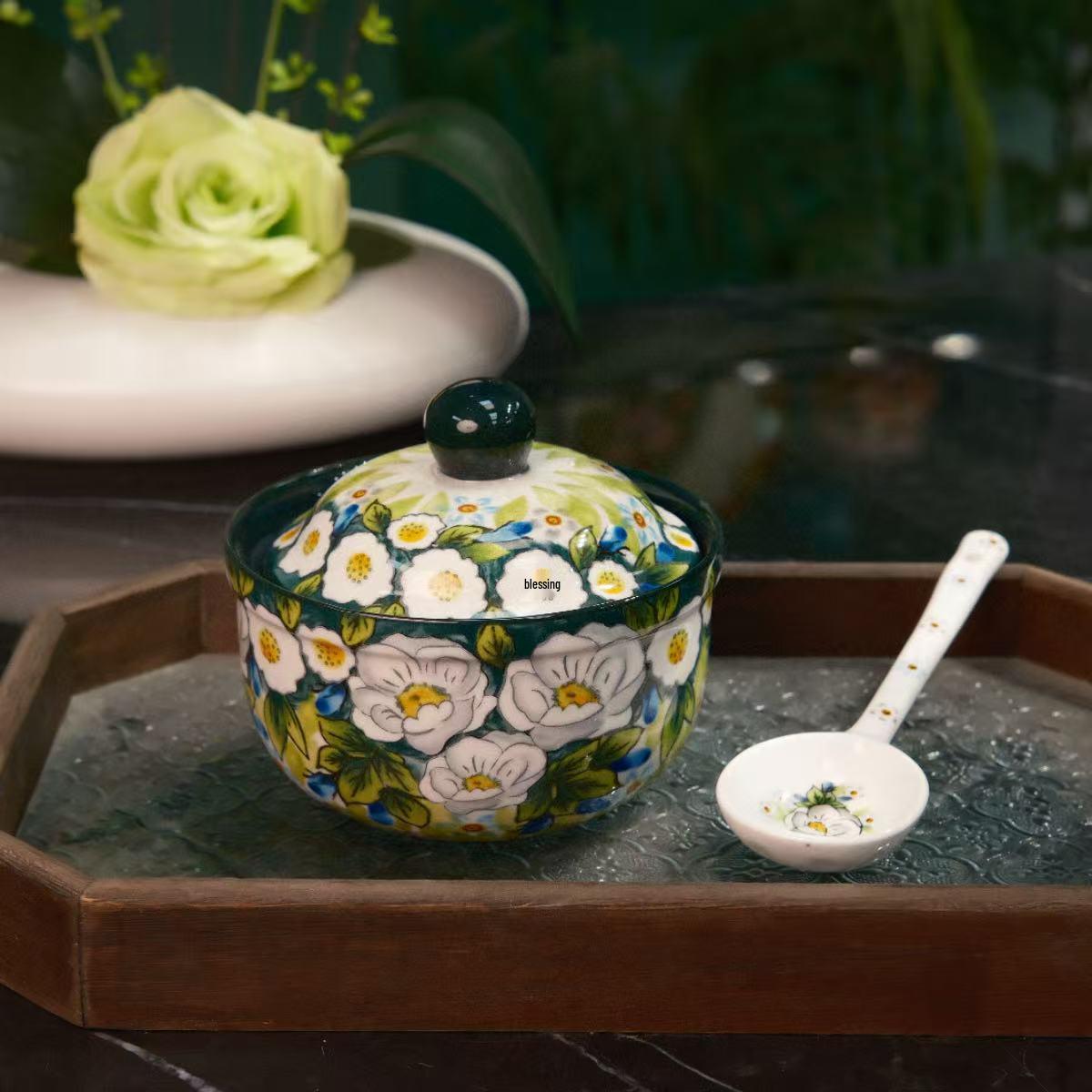 Hand-Painted Ceramic Stew Pot with Lid & Spoon - Perfect for Steamed Egg, Soup, Custard, or Desserts