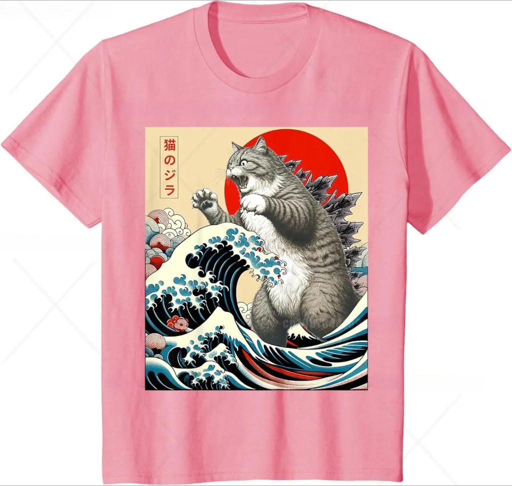 Funny Cartoon Comic Style Japanese Art Catzilla Cat Gifts for Women TShirt Unisex Cotton Oneck Tee Top Fashion Fitness T Shirt