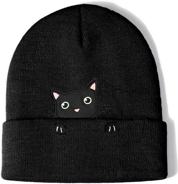 Women s Cat Embroidery Knit Hat - Cute Gift for Cat Lovers Adjustable чёрный