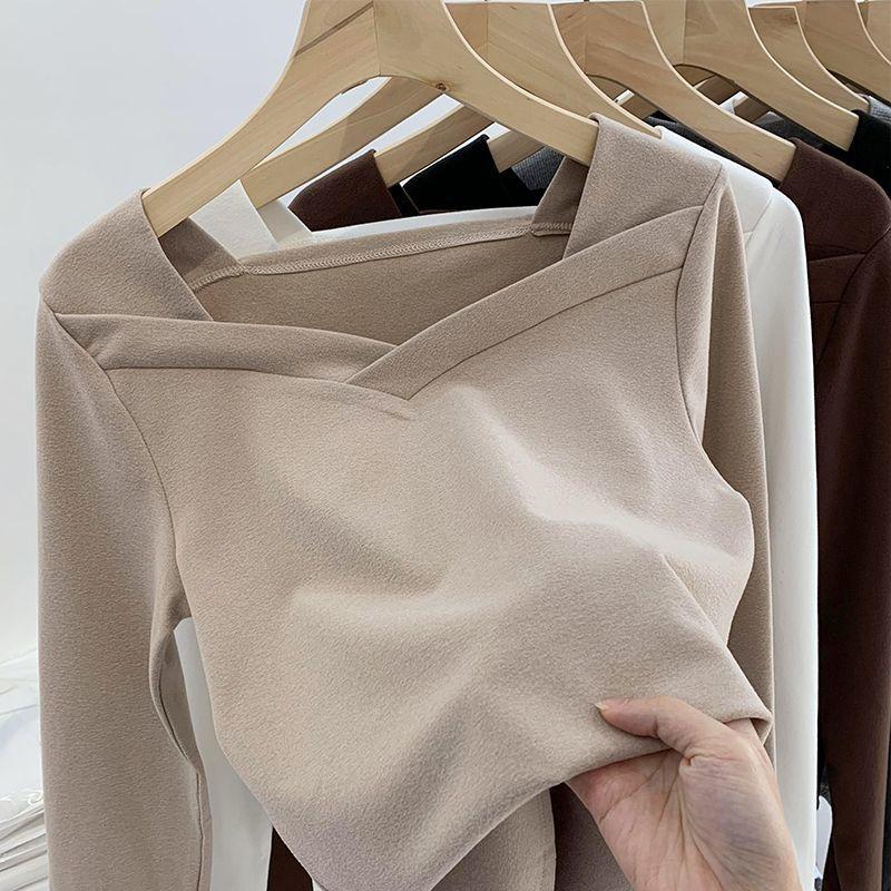 

Большие размеры Женская термофутболка с V-образным вырезом и длинным рукавом, базовые футболки на осень-зиму 4XL