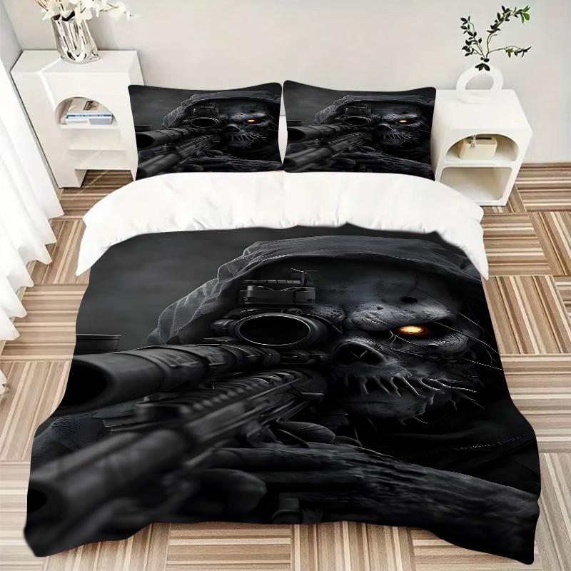 3pcs Skull with Gun Universal Three-Piece Bedding Set-Perfect for Bedroom, Guest Room, Living Room, Hotel Decor-Ideal Gift for Fans, Travele