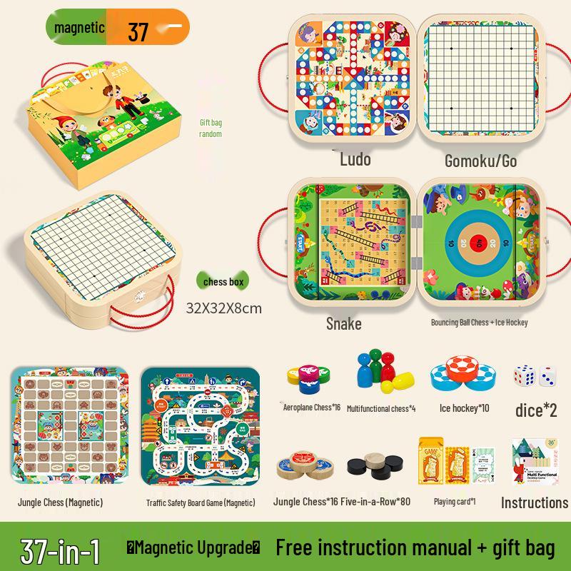 Multifunctional Wooden 7-in-1 Educational Game: Flying Chess & Checkers Set for Kids