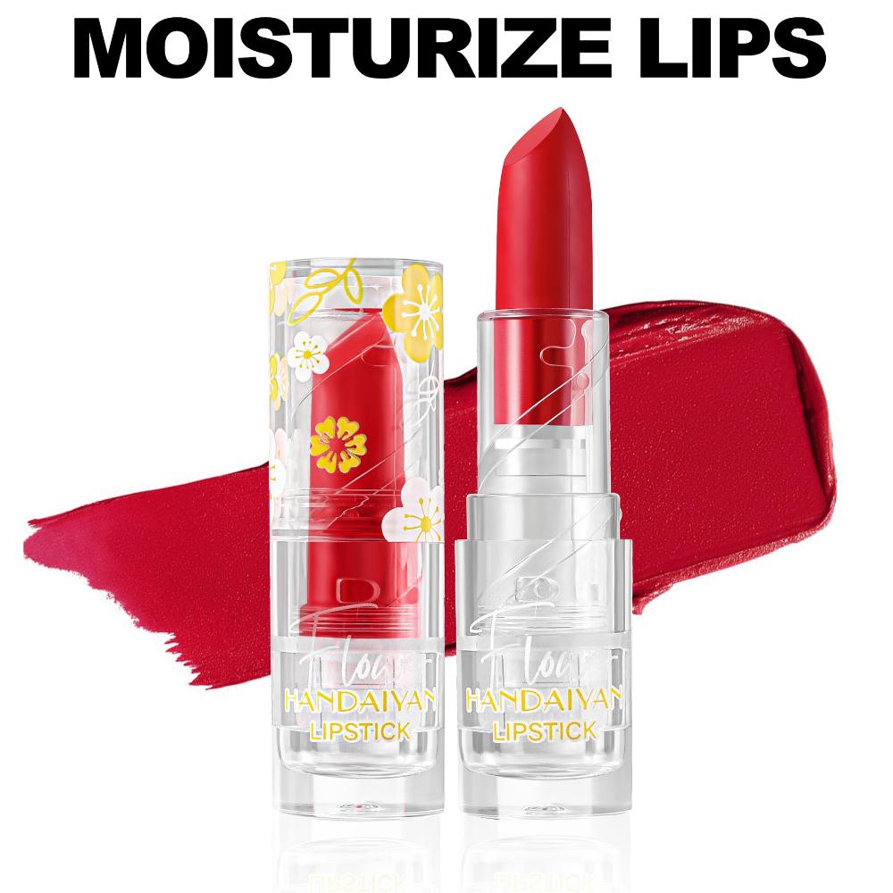 HANDAIYAN Velvet Matte Lipstick, Waterproof Long-Lasting Moisture Lip Makeup, Pigmented Smooth Nude Red Lipstick in Clear Floral Tube, Cosmetic
