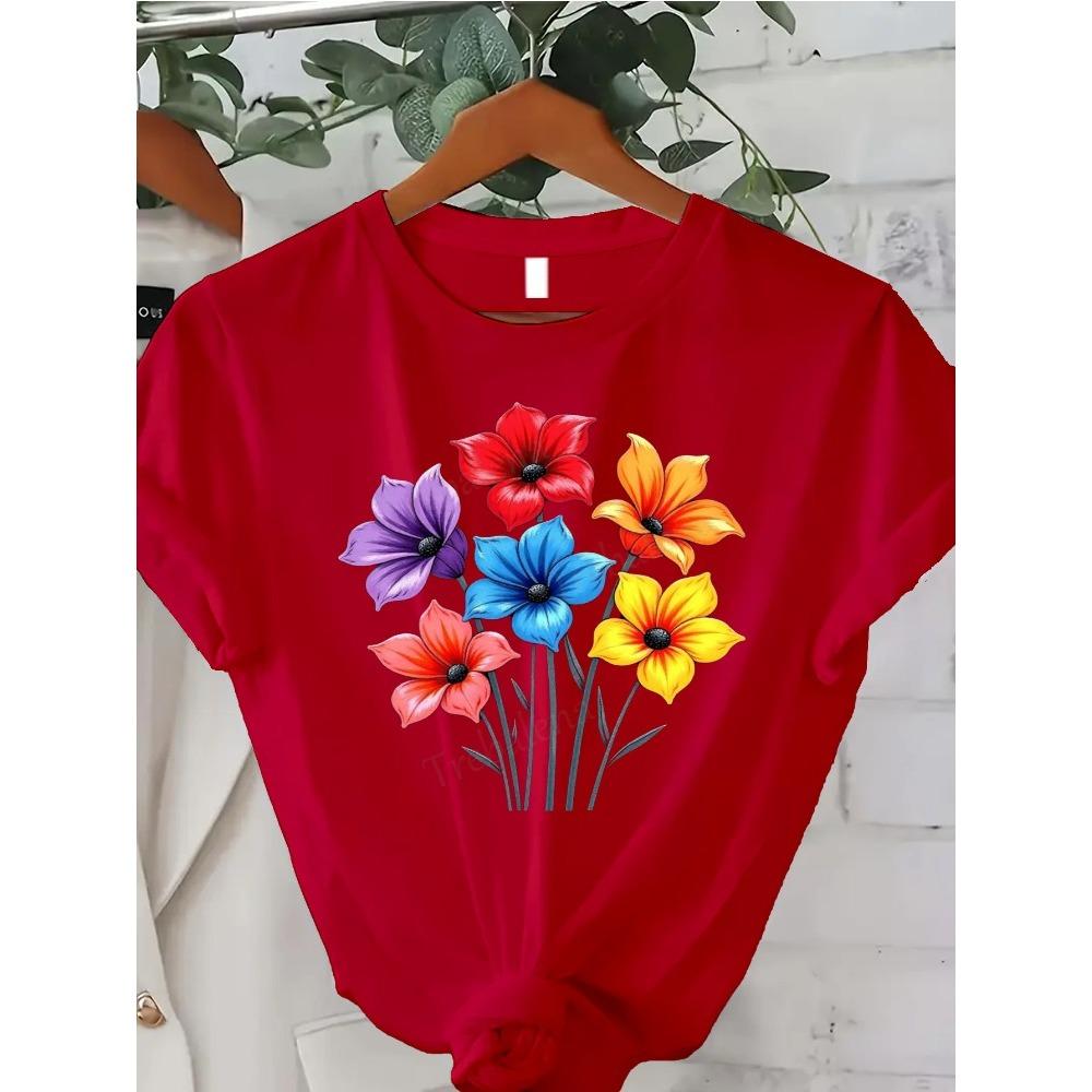 

Comfortable Womens Patterned Tshirt with Colorful Floral Design Casual Summer Top Decorated with Bright Watercolor Flowers S