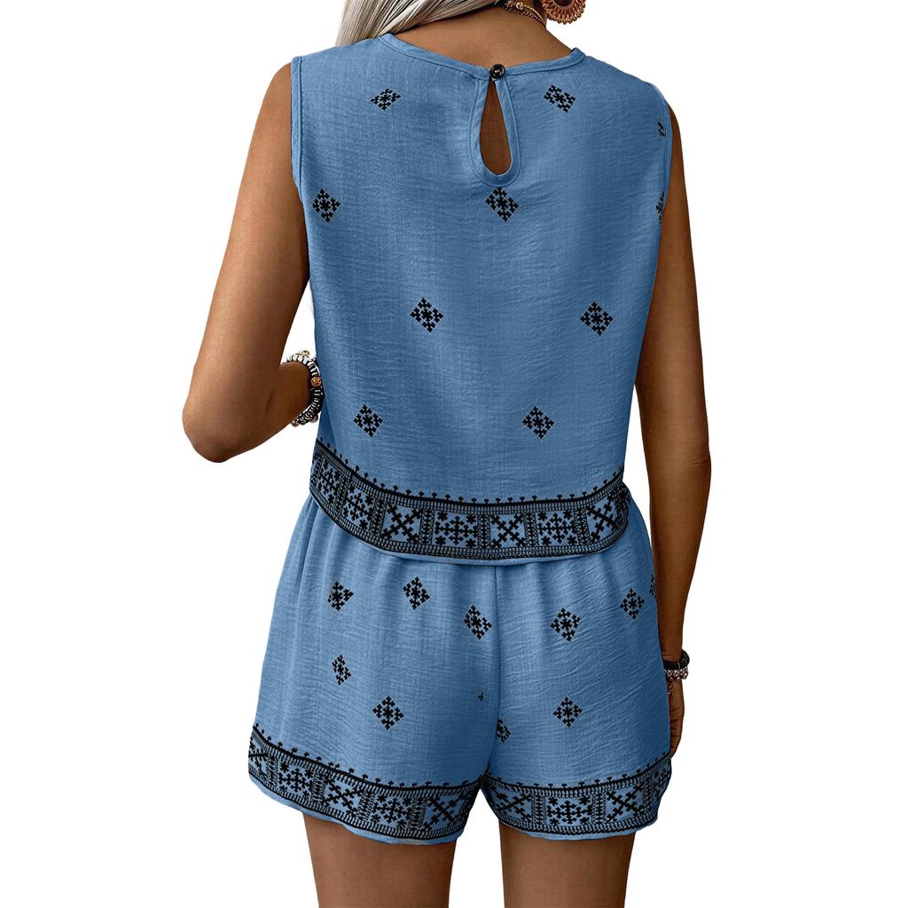 Women's Fashionable Casual Printed Bohemian Beach Vacation High-Waisted Sleeveless Top And Shorts Set