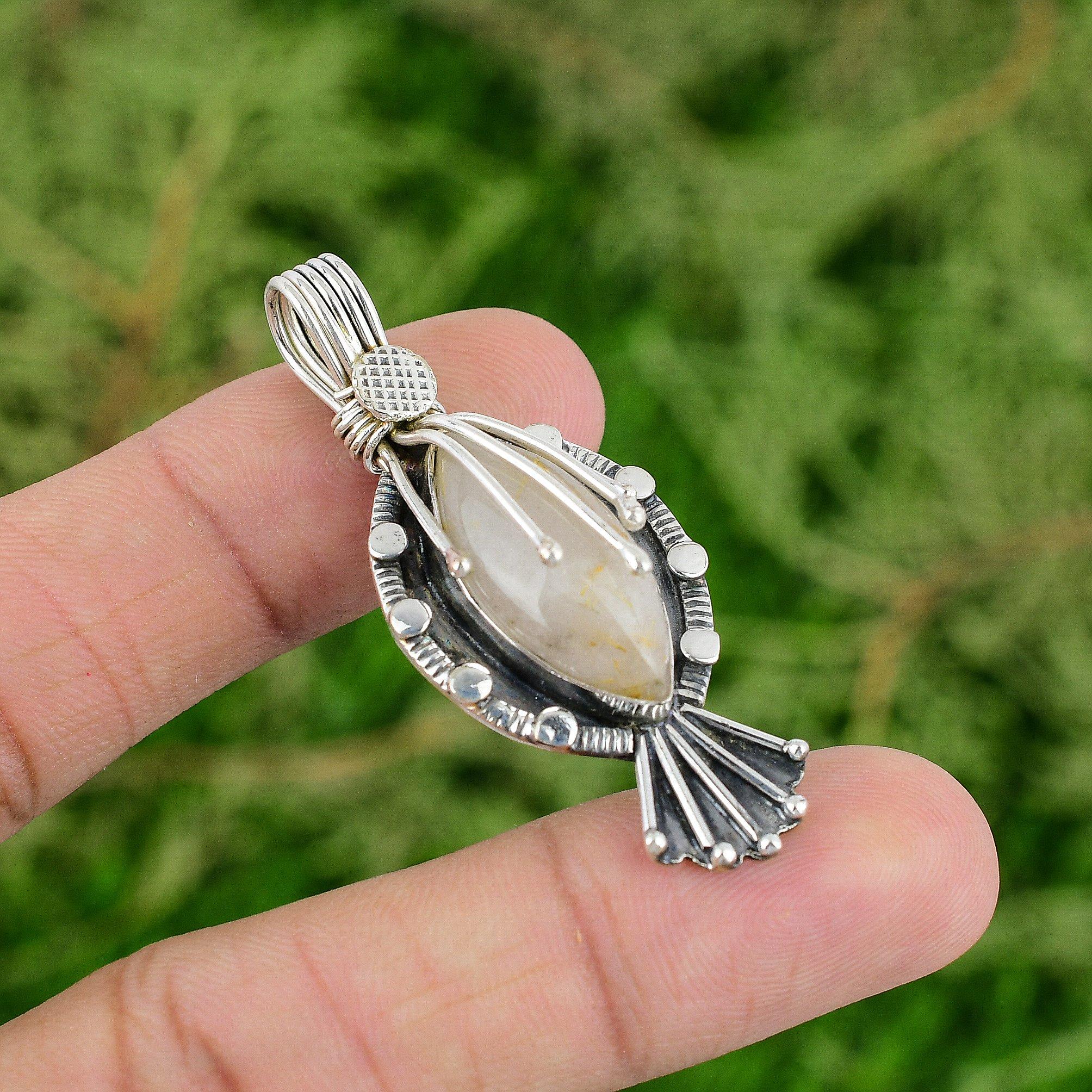 

Daughters Day Sale Marquise Golden Rutile Stone New Pendant 925 Sterling Silver