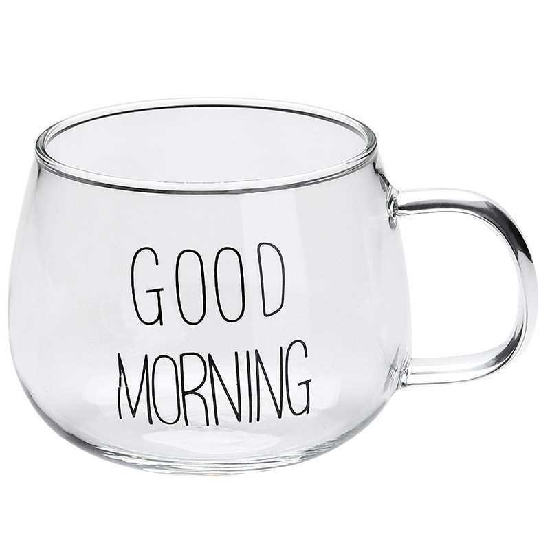 

Large Capacity Fun Round Glass Cup with Handle and Print for Milk or Juice 301-400ml